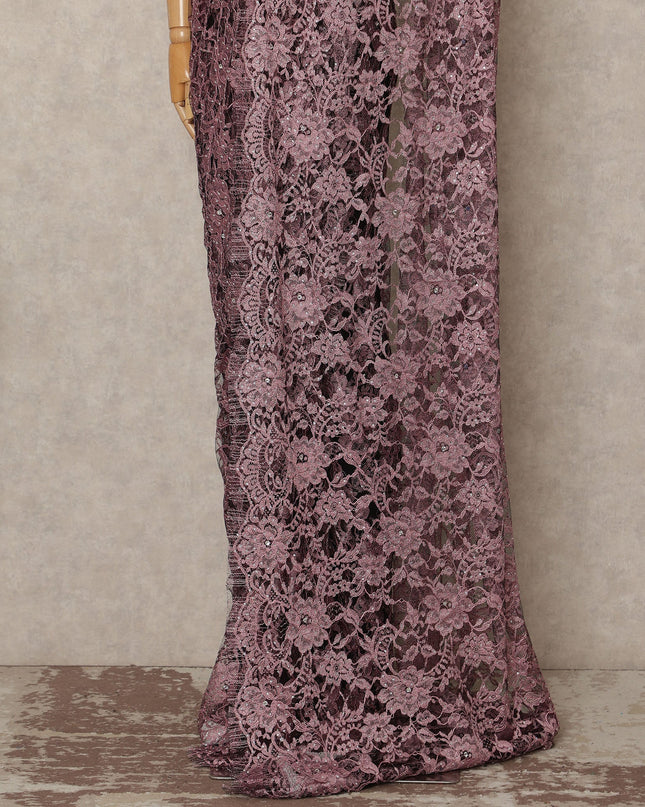 Dusty Rose Pink French Chantilly Saree Lace With Stone Work Elegant Floral Net Design 5.5 Mtrs Length 110 Cms Width Premium Soft Sheer Fabric France Origin-D28894 Regal Fabrics