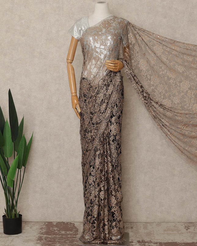 Light Brown French Chantilly Saree Lace With Stone Work Elegant Floral Net Design 5.5 Mtrs Length 110 Cms Width Premium Soft Sheer Fabric France Origin-D28891 Regal Fabrics