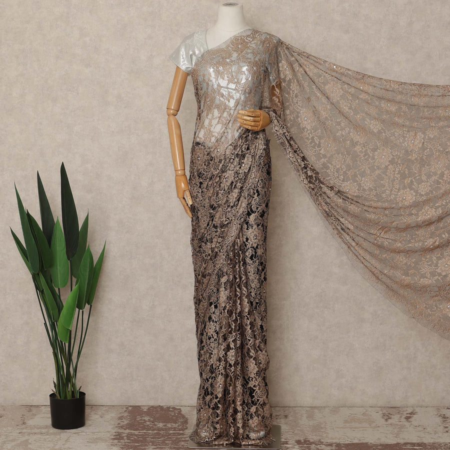 Light Brown French Chantilly Saree Lace With Stone Work Elegant Floral Net Design 5.5 Mtrs Length 110 Cms Width Premium Soft Sheer Fabric France Origin-D28891 Regal Fabrics