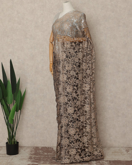 Light Brown French Chantilly Saree Lace With Stone Work Elegant Floral Net Design 5.5 Mtrs Length 110 Cms Width Premium Soft Sheer Fabric France Origin-D28891 Regal Fabrics