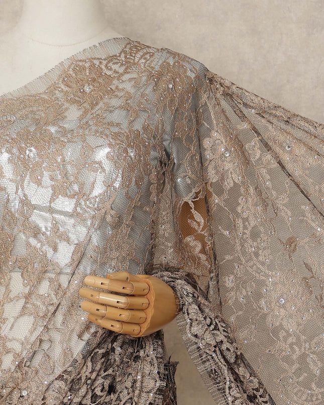 Light Brown French Chantilly Saree Lace With Stone Work Elegant Floral Net Design 5.5 Mtrs Length 110 Cms Width Premium Soft Sheer Fabric France Origin-D28891 Regal Fabrics