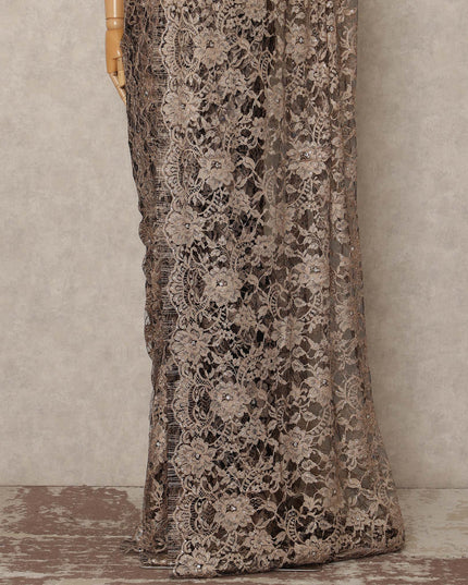 Light Brown French Chantilly Saree Lace With Stone Work Elegant Floral Net Design 5.5 Mtrs Length 110 Cms Width Premium Soft Sheer Fabric France Origin-D28891 Regal Fabrics