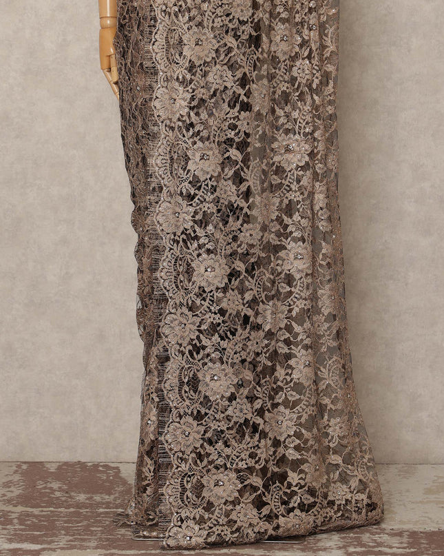 Light Brown French Chantilly Saree Lace With Stone Work Elegant Floral Net Design 5.5 Mtrs Length 110 Cms Width Premium Soft Sheer Fabric France Origin-D28891 Regal Fabrics