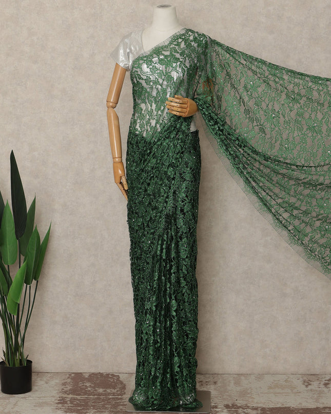 Emerald Green French Chantilly Saree Lace With Stone Work Elegant Floral Net Design 5.5 Mtrs Length 110 Cms Width Premium Soft Sheer Fabric France Origin-D28890 Regal Fabrics