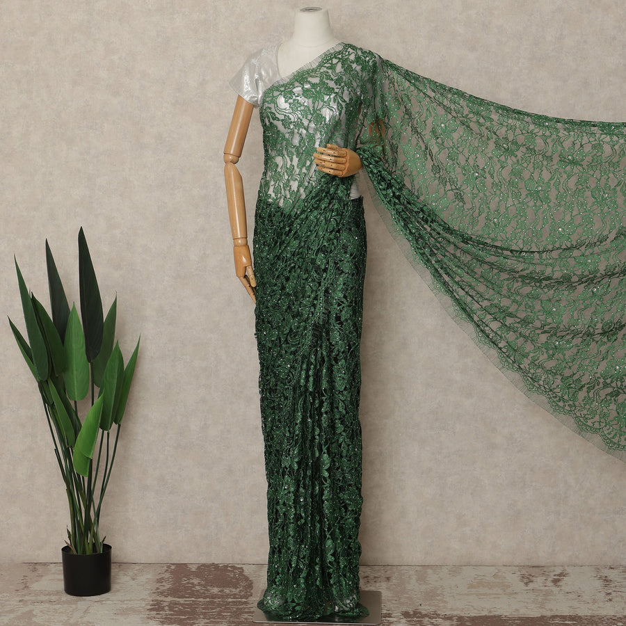 Emerald Green French Chantilly Saree Lace With Stone Work Elegant Floral Net Design 5.5 Mtrs Length 110 Cms Width Premium Soft Sheer Fabric France Origin-D28890 Regal Fabrics