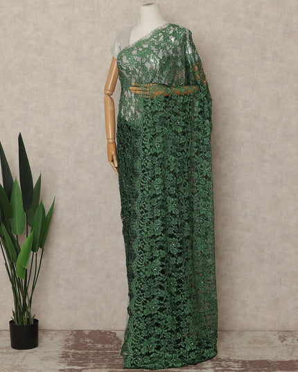 Emerald Green French Chantilly Saree Lace With Stone Work Elegant Floral Net Design 5.5 Mtrs Length 110 Cms Width Premium Soft Sheer Fabric France Origin-D28890 Regal Fabrics