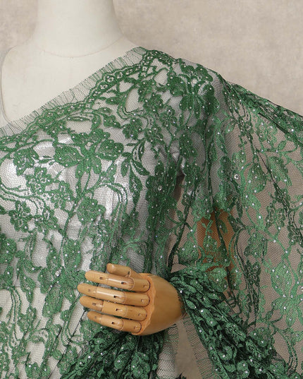 Emerald Green French Chantilly Saree Lace With Stone Work Elegant Floral Net Design 5.5 Mtrs Length 110 Cms Width Premium Soft Sheer Fabric France Origin-D28890 Regal Fabrics