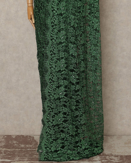 Emerald Green French Chantilly Saree Lace With Stone Work Elegant Floral Net Design 5.5 Mtrs Length 110 Cms Width Premium Soft Sheer Fabric France Origin-D28890 Regal Fabrics