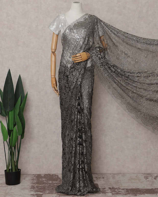 Pewter Grey French Chantilly Lace Saree Piece