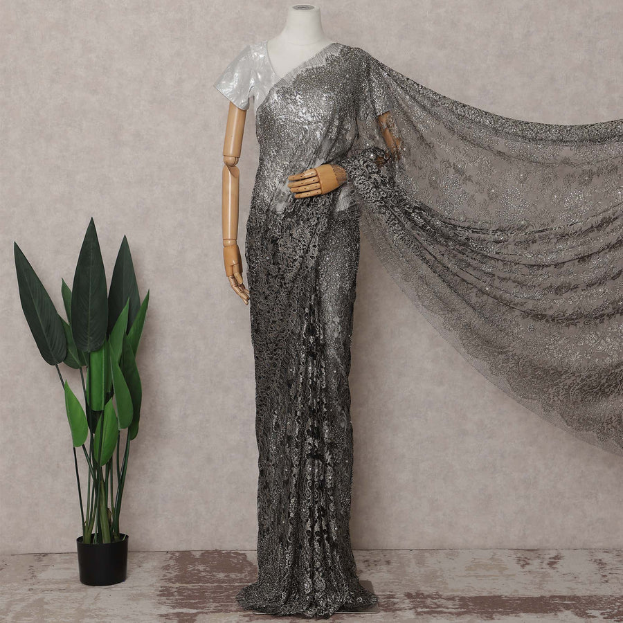 Pewter Grey French Chantilly Lace Saree Piece