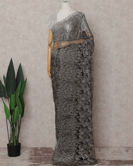 Pewter Grey French Chantilly Lace Saree Piece