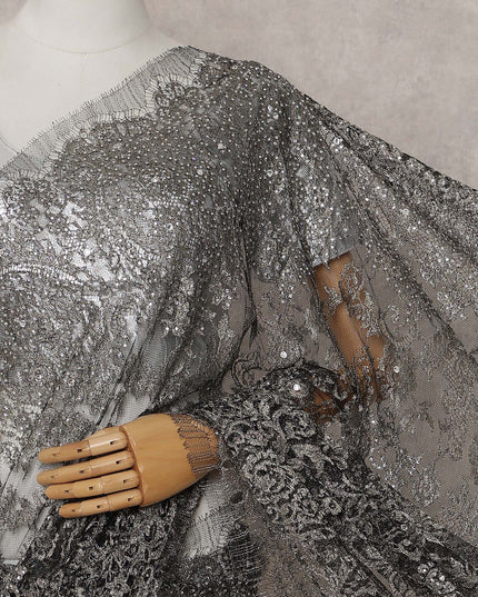 Pewter Grey French Chantilly Lace Saree Piece