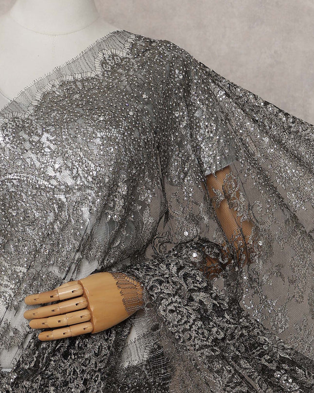 Pewter Grey French Chantilly Lace Saree Piece