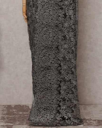 Pewter Grey French Chantilly Lace Saree Piece