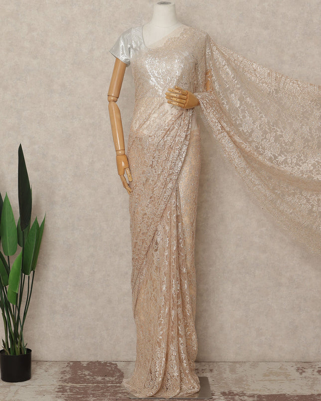 PEachy Pink Metallic French Chantilly Saree Lace With Stone Work Elegant Floral Net Design 5.5 Mtrs Length 110 Cms Width Premium Soft Sheer Fabric France Origin-D28926 Regal Fabrics