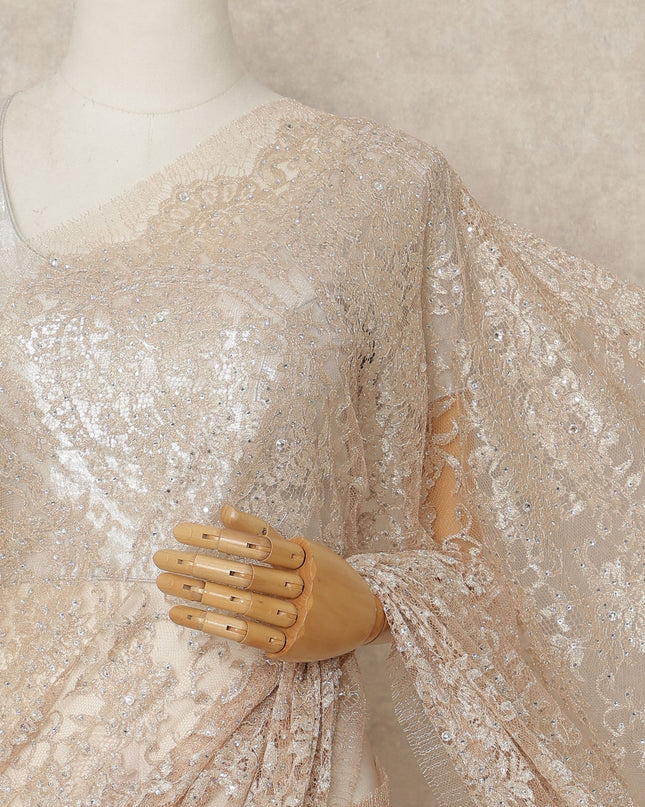 PEachy Pink Metallic French Chantilly Saree Lace With Stone Work Elegant Floral Net Design 5.5 Mtrs Length 110 Cms Width Premium Soft Sheer Fabric France Origin-D28926 Regal Fabrics