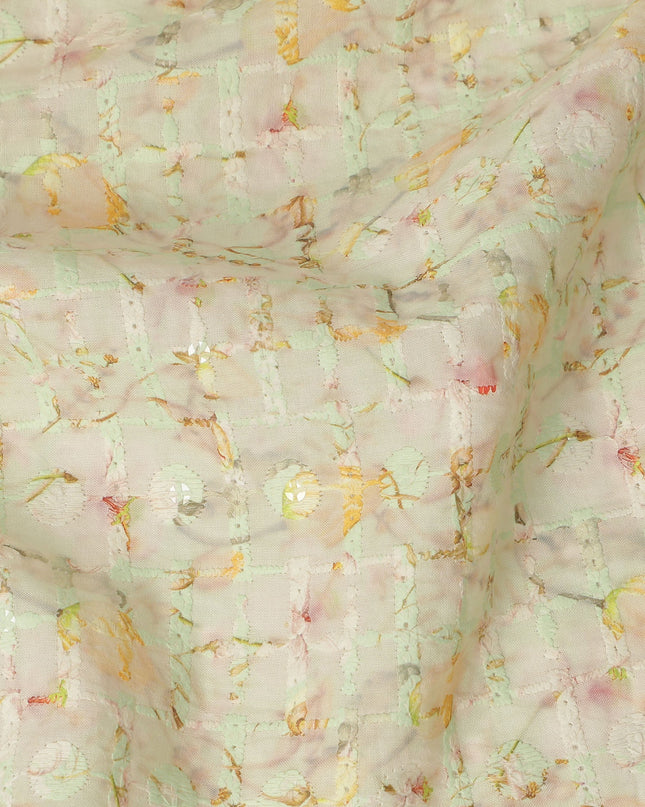 Mint Green Pastel Floral Textured Print Cotton Lawn Fabric, 110 Cms Width, Made in India-D28289 - Regal Fabrics