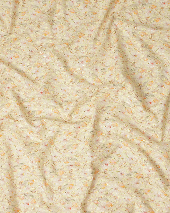 Cream Embroidered Cotton Lawn Fabric Textured Geometric Leaf Pattern Lightweight Breathable Dressmaking Sewing Apparel Craft Fabric 110 Cms Width Made In India-D28399