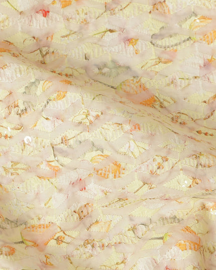 Cream Embroidered Cotton Lawn Fabric Textured Geometric Leaf Pattern Lightweight Breathable Dressmaking Sewing Apparel Craft Fabric 110 Cms Width Made In India-D28399