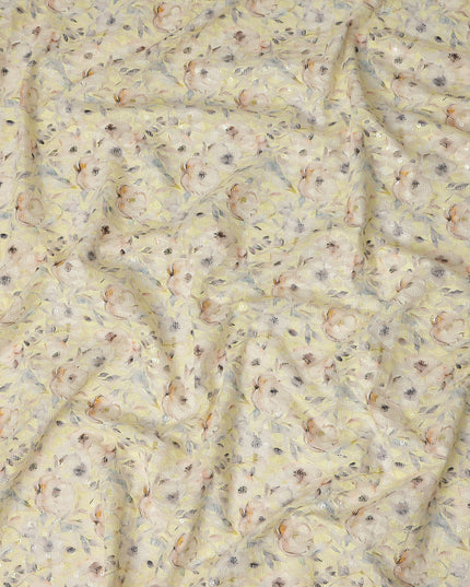 Pale Yellow Soft Floral Print Cotton Lawn Fabric, 110 Cms Width, Made in India-D28290 - Regal Fabrics