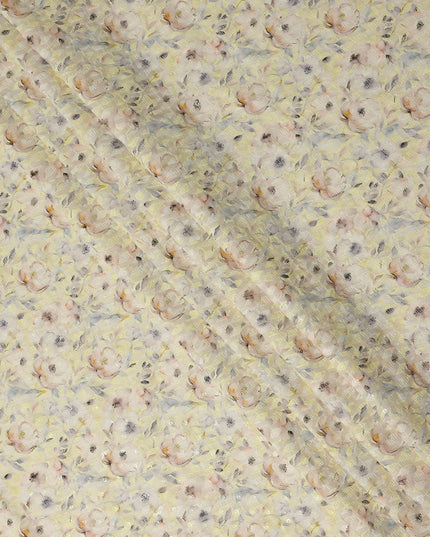 Pale Yellow Soft Floral Print Cotton Lawn Fabric, 110 Cms Width, Made in India-D28290 - Regal Fabrics