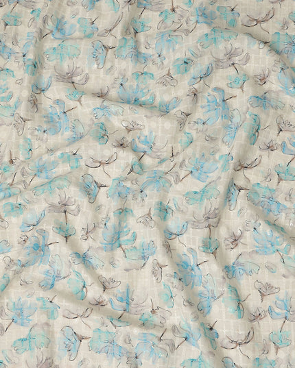 Beige Blue Abstract Floral Sketch Print Cotton Lawn Fabric, 110 Cms Width, Made in India-D28285 - Regal Fabrics