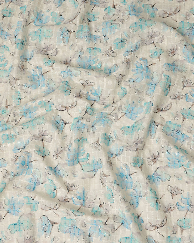 Beige Blue Abstract Floral Sketch Print Cotton Lawn Fabric, 110 Cms Width, Made in India-D28285 - Regal Fabrics