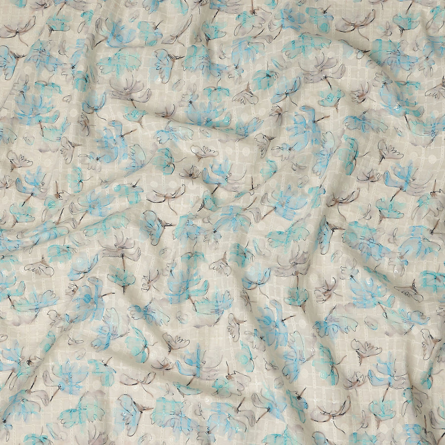 Beige Blue Abstract Floral Sketch Print Cotton Lawn Fabric, 110 Cms Width, Made in India-D28285 - Regal Fabrics
