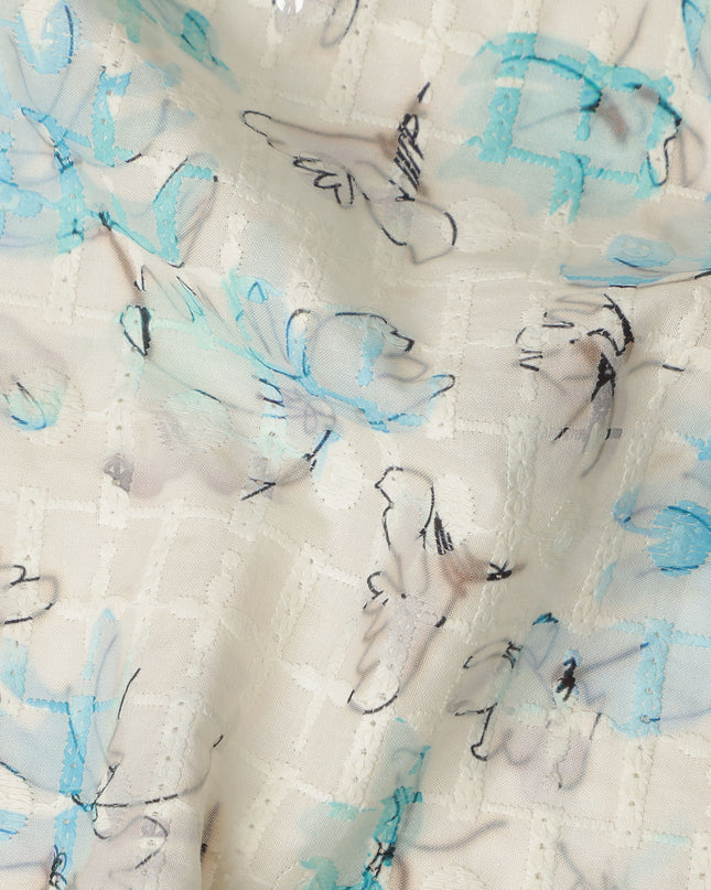 Beige Blue Abstract Floral Sketch Print Cotton Lawn Fabric, 110 Cms Width, Made in India-D28285 - Regal Fabrics