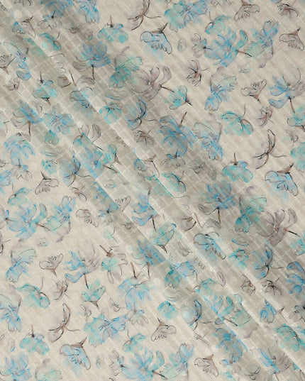 Beige Blue Abstract Floral Sketch Print Cotton Lawn Fabric, 110 Cms Width, Made in India-D28285 - Regal Fabrics