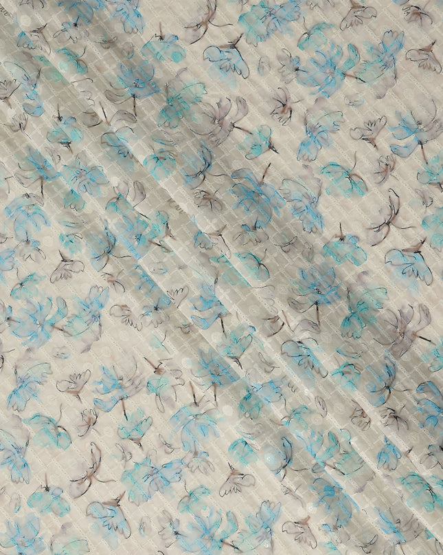 Beige Blue Abstract Floral Sketch Print Cotton Lawn Fabric, 110 Cms Width, Made in India-D28285 - Regal Fabrics