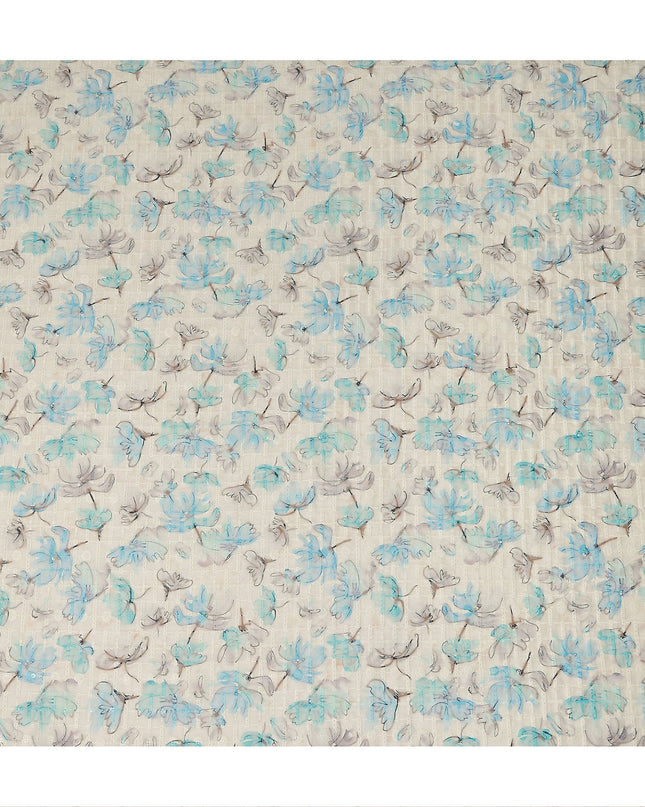 Beige Blue Abstract Floral Sketch Print Cotton Lawn Fabric, 110 Cms Width, Made in India-D28285 - Regal Fabrics