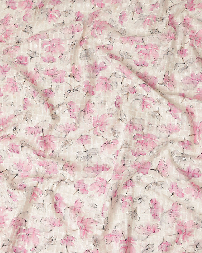 Beige Pink Abstract Floral Sketch Print Cotton Lawn Fabric, 110 Cms Width, Made in India-D28284 - Regal Fabrics