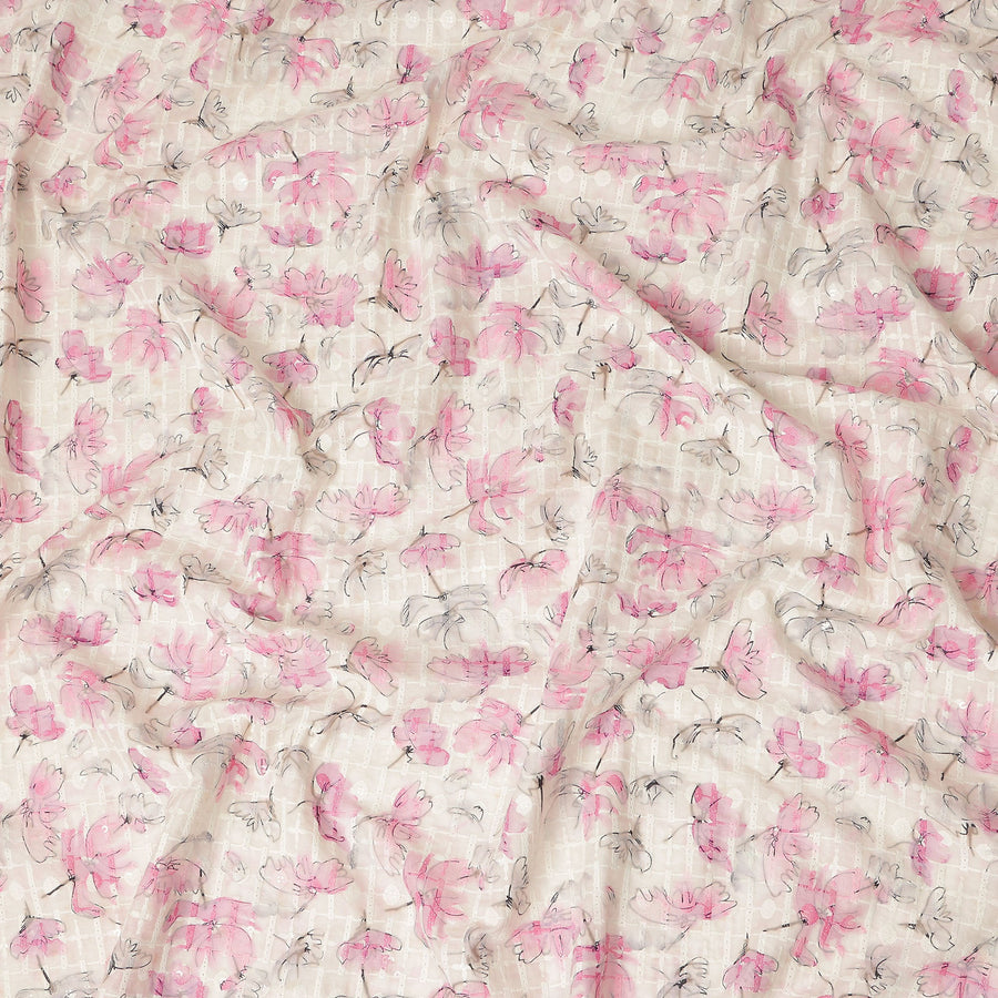 Beige Pink Abstract Floral Sketch Print Cotton Lawn Fabric, 110 Cms Width, Made in India-D28284 - Regal Fabrics