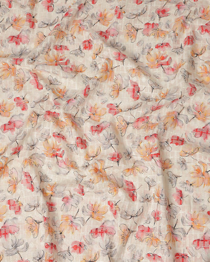 Beige Multicolor Abstract Floral Sketch Print Cotton Lawn Fabric, 110 Cms Width, Made in India-D28283 - Regal Fabrics
