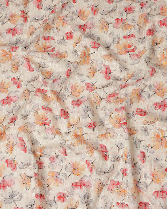 Beige Multicolor Abstract Floral Sketch Print Cotton Lawn Fabric, 110 Cms Width, Made in India-D28283 - Regal Fabrics