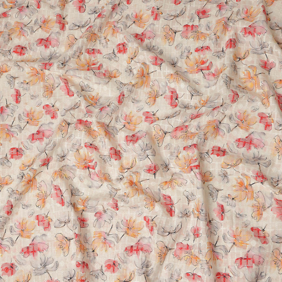 Beige Multicolor Abstract Floral Sketch Print Cotton Lawn Fabric, 110 Cms Width, Made in India-D28283 - Regal Fabrics