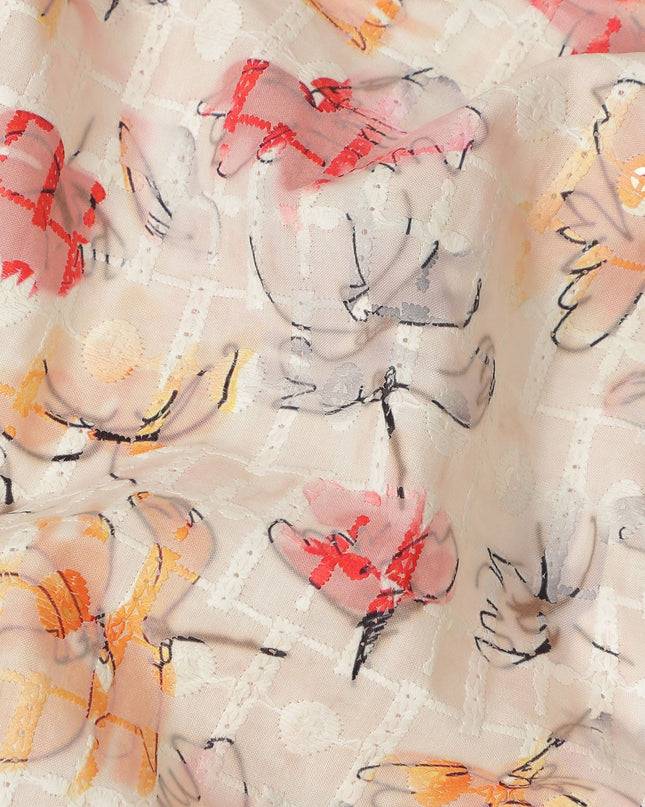 Beige Multicolor Abstract Floral Sketch Print Cotton Lawn Fabric, 110 Cms Width, Made in India-D28283 - Regal Fabrics