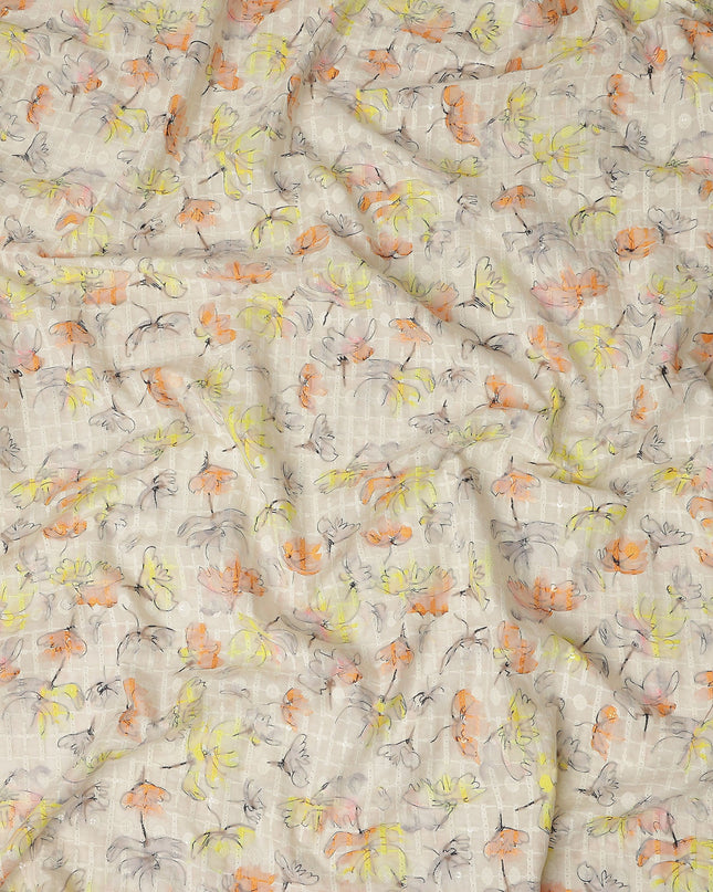 Beige Multicolor Abstract Floral Sketch Print Cotton Lawn Fabric, 110 Cms Width, Made in India-D28286 - Regal Fabrics