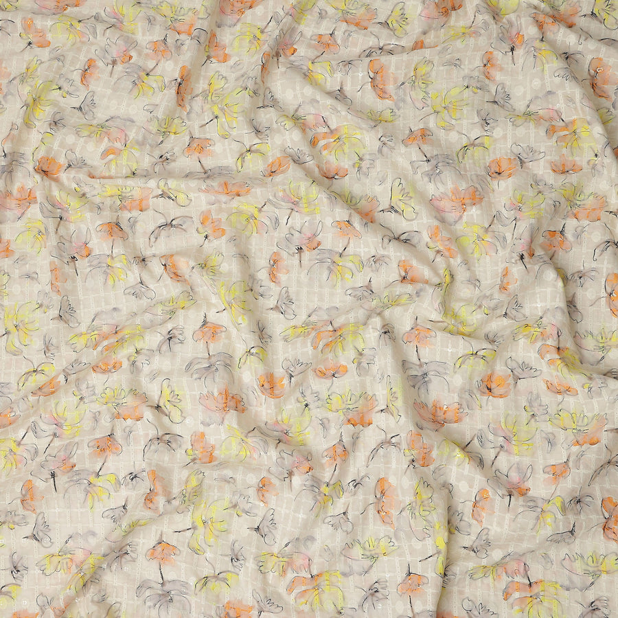 Beige Multicolor Abstract Floral Sketch Print Cotton Lawn Fabric, 110 Cms Width, Made in India-D28286 - Regal Fabrics