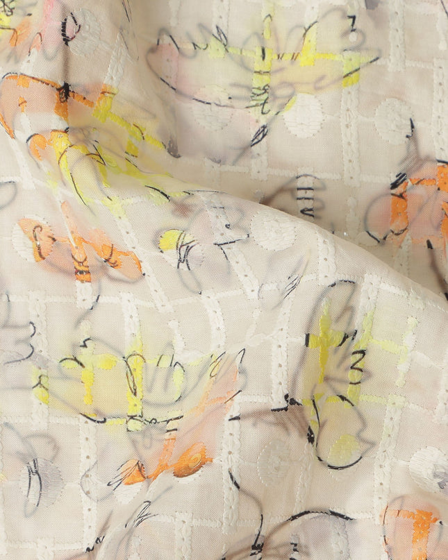 Beige Multicolor Abstract Floral Sketch Print Cotton Lawn Fabric, 110 Cms Width, Made in India-D28286 - Regal Fabrics