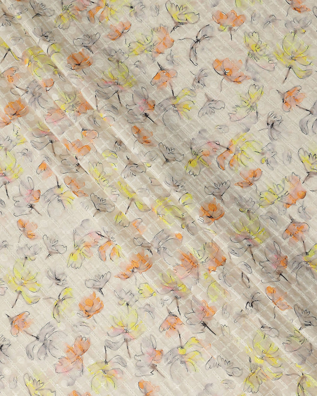 Beige Multicolor Abstract Floral Sketch Print Cotton Lawn Fabric, 110 Cms Width, Made in India-D28286 - Regal Fabrics