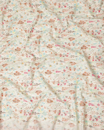 Ivory Multicolor Delicate Floral Vine Embroidered Cotton Lawn Fabric Soft Lightweight Botanical Threadwork Design Breathable Dressmaking Sewing Material 110 Cms Width Made in India-D28246 - Regal Fabrics