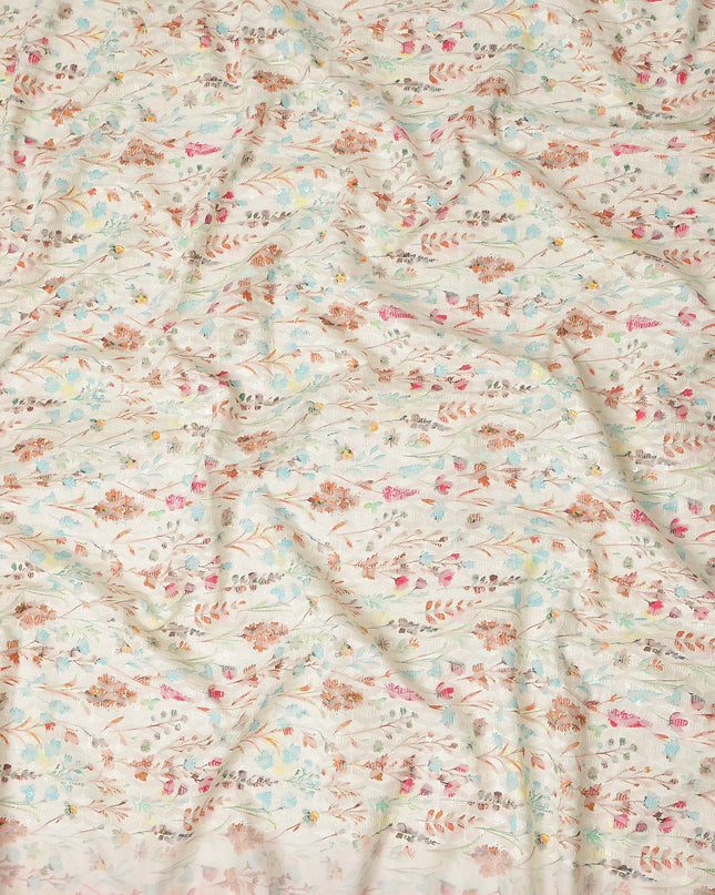 Ivory Multicolor Delicate Floral Vine Embroidered Cotton Lawn Fabric Soft Lightweight Botanical Threadwork Design Breathable Dressmaking Sewing Material 110 Cms Width Made in India-D28246