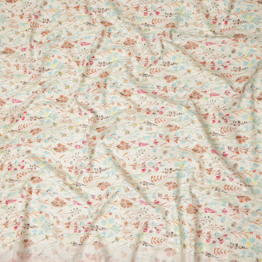 Ivory Multicolor Delicate Floral Vine Embroidered Cotton Lawn Fabric Soft Lightweight Botanical Threadwork Design Breathable Dressmaking Sewing Material 110 Cms Width Made in India-D28246 - Regal Fabrics