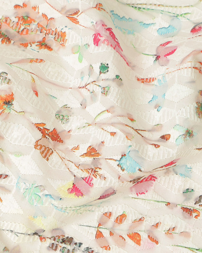 Ivory Multicolor Delicate Floral Vine Embroidered Cotton Lawn Fabric Soft Lightweight Botanical Threadwork Design Breathable Dressmaking Sewing Material 110 Cms Width Made in India-D28246