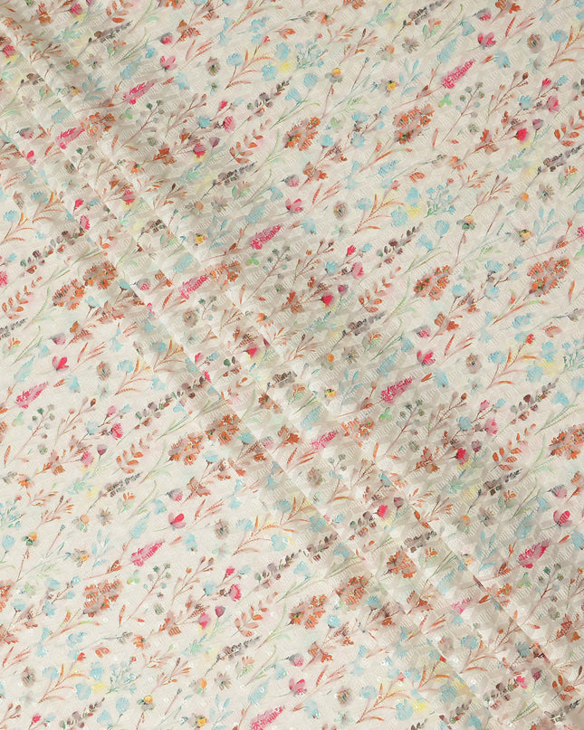 Ivory Multicolor Delicate Floral Vine Embroidered Cotton Lawn Fabric Soft Lightweight Botanical Threadwork Design Breathable Dressmaking Sewing Material 110 Cms Width Made in India-D28246