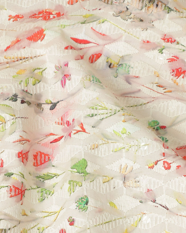 Cream Multicolor Delicate Floral Vine Embroidered Cotton Lawn Fabric Soft Lightweight Botanical Threadwork Breathable Dressmaking Sewing Material 110 Cms Width Made in India-D28247