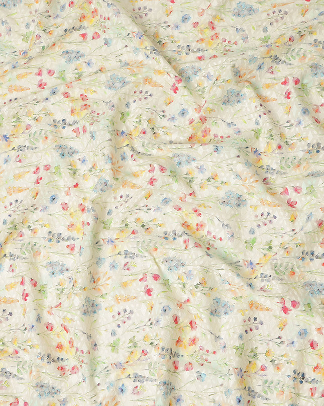 Ivory Multicolor Abstract Floral Embroidered Cotton Lawn Fabric Soft Lightweight Artistic Botanical Threadwork Dressmaking Sewing Material 110 Cms Width Made in India-D28248