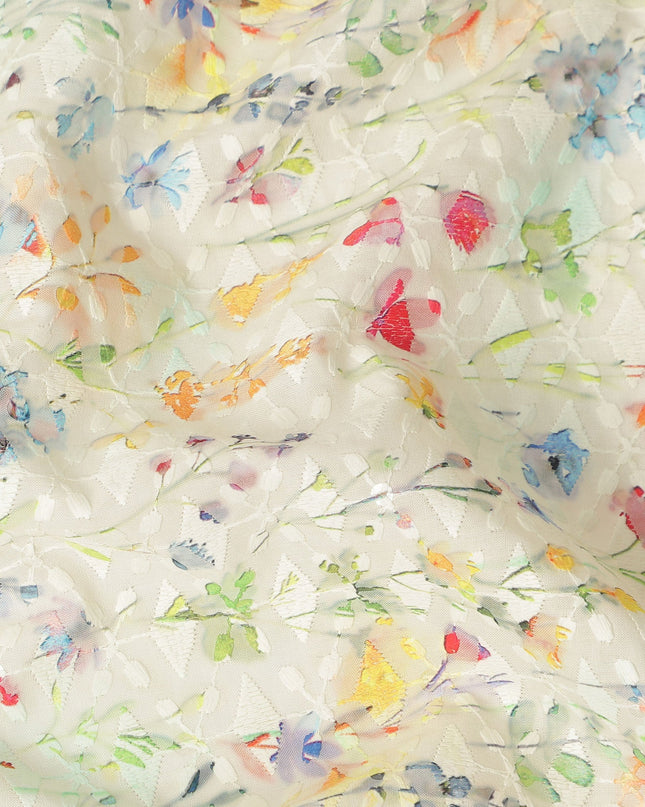 Ivory Multicolor Abstract Floral Embroidered Cotton Lawn Fabric Soft Lightweight Artistic Botanical Threadwork Dressmaking Sewing Material 110 Cms Width Made in India-D28248